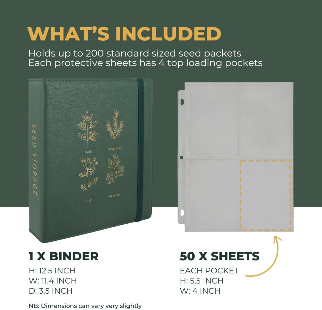WILDGOOSE Seed Storage Organizer Binder - Seed Packet Organizer with 50 Pack Sheet Protectors That Stores 200 Seed Envelopes. (Blue)