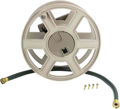 Suncast 100 ft Garden Hose Holder Wall Mount, Taupe Heavy-Duty Wall Mounted Water Hose Reel for Outside Use, Manually Retractable Sidewinder, Open Space-Saving Storage, Made in the USA
