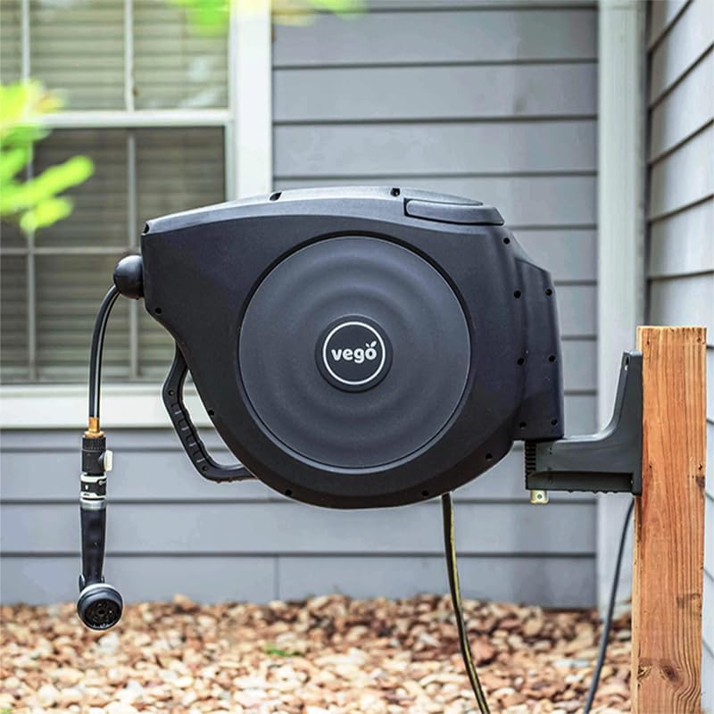 Vego Garden Hose Reel Retractable Hi-Flow Wall Mounted Hose Reel Automatic Rewind, Any Length Lock with 9 Patterns Sprayer Nozzle, Quick Connector and Adjustable shot Nozzle (Seaweed Green, 100ft)