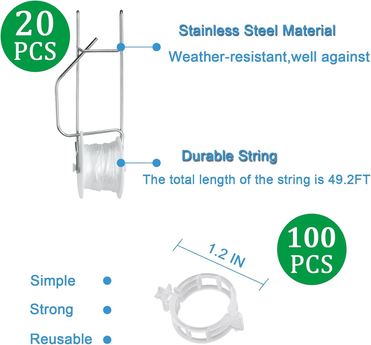 Tomato Support Hooks with String 20 Pcs,100 Pcs Plant Support Clips for Climbing Plants,Tomato Trellis Roller Hooks with 49.2FT String,Reusable Grape Vine Clips to Prevent Tomatoes