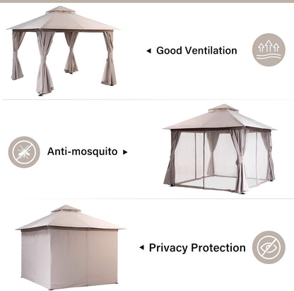 10x20 Gazebo Canopy with 100FT String Lights, Metal Heavy Duty Patio Canopy Tent with Double Roofs, Mosquito Nettings and Privacy Screens for Backyard, Garden, Lawn, Gray