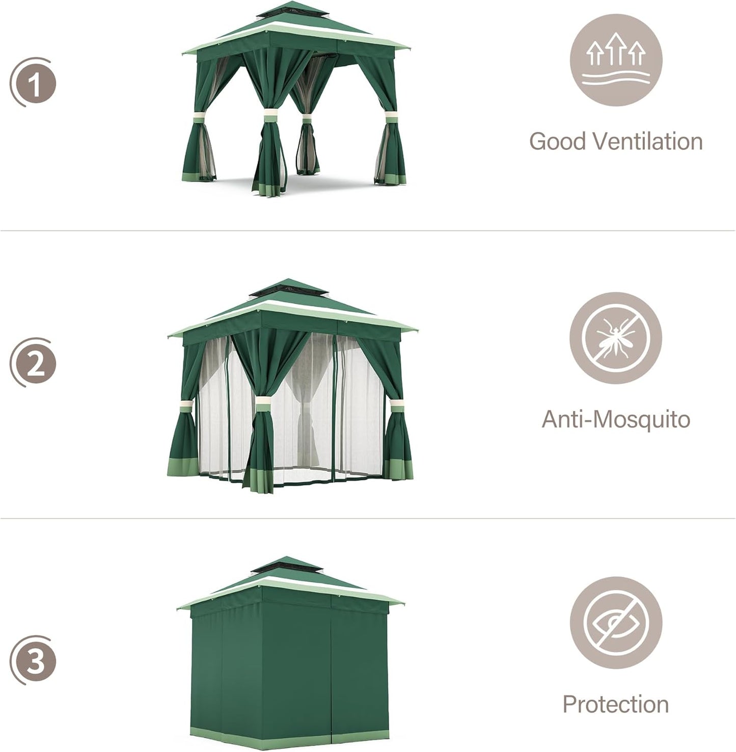 10x20 Gazebo Canopy with 100FT String Lights, Metal Heavy Duty Patio Canopy Tent with Double Roofs, Mosquito Nettings and Privacy Screens for Backyard, Garden, Lawn, Gray