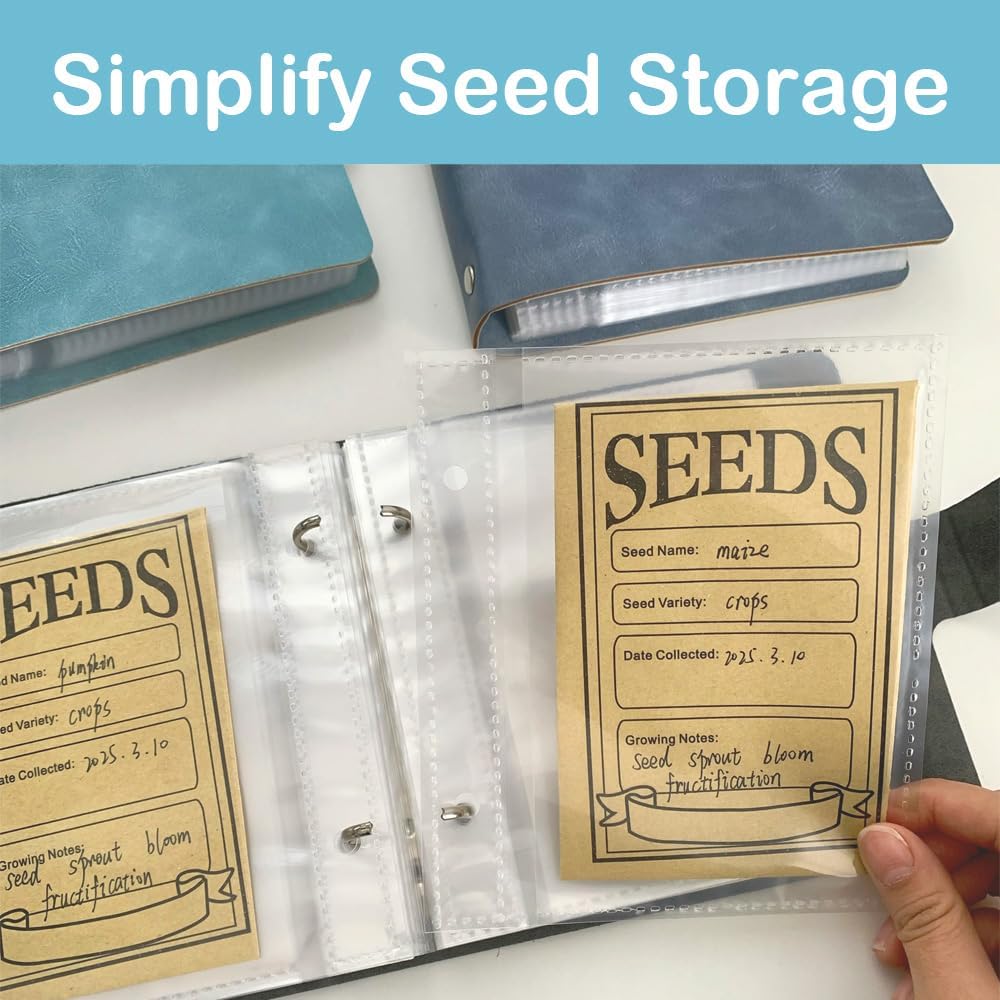 Seed Storage Organizer Binder, 3 Ring Seed Packet Organizer with 100 Pockets(25 Pack Clear Sheet Protectors), Garden Seed Holder Book for Envelopes, Seed Saving Keeper, Green