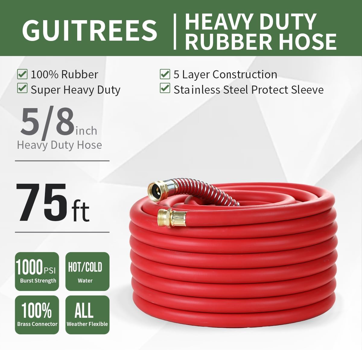Guitrees Leader Garden Hose 10ft x 5/8", Heavy Duty Short Water Hose, Female to Female Fittings, Five Layered Braiding for Durability, 1000PSI Burst, 300PSI Working (Black) - Colors B