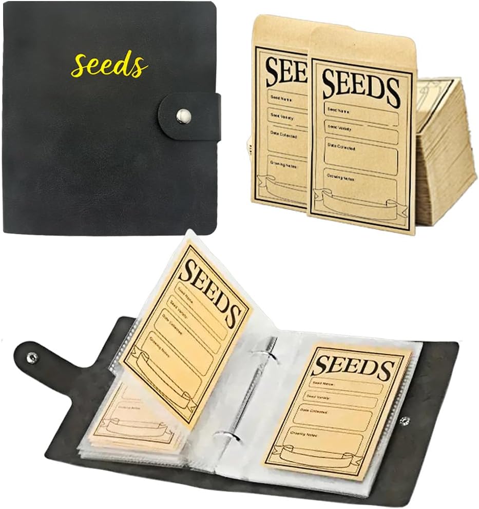 Seed Storage Organizer Binder, 3 Ring Seed Packet Organizer with 100 Pockets(25 Pack Clear Sheet Protectors), Garden Seed Holder Book for Envelopes, Seed Saving Keeper, Green