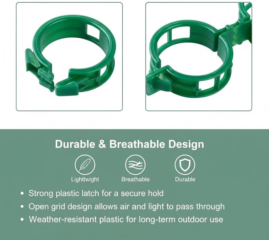 100Pcs Plant Support Clips - Plastic Stem Clips for Climbing Plants, Tomato Vines, Grape Vegetables, Secure & Reusable Garden Clips (Green)