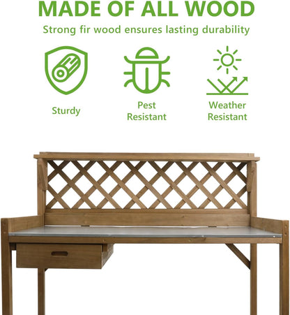 PetsCosset Folding Garden Potting Bench Table，Outdoor Wooden Work Station W/Metal Table Top,2 Tier Open Storage Rack,Top Shelf-Natural Stained