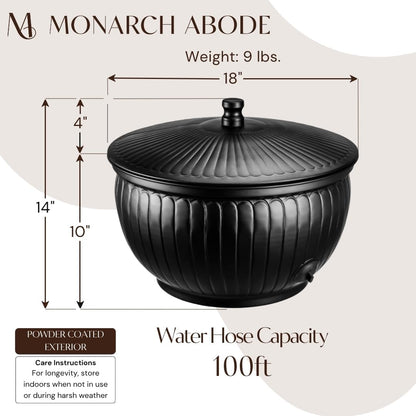 Monarch Abode Garden Hose Holder with Lid – Decorative Water Hose Holders for Outside, Arch Embossed Metal Patina Pot with Drainage, 100ft Waterhose Holder for Outside, Garden Storage Caddy