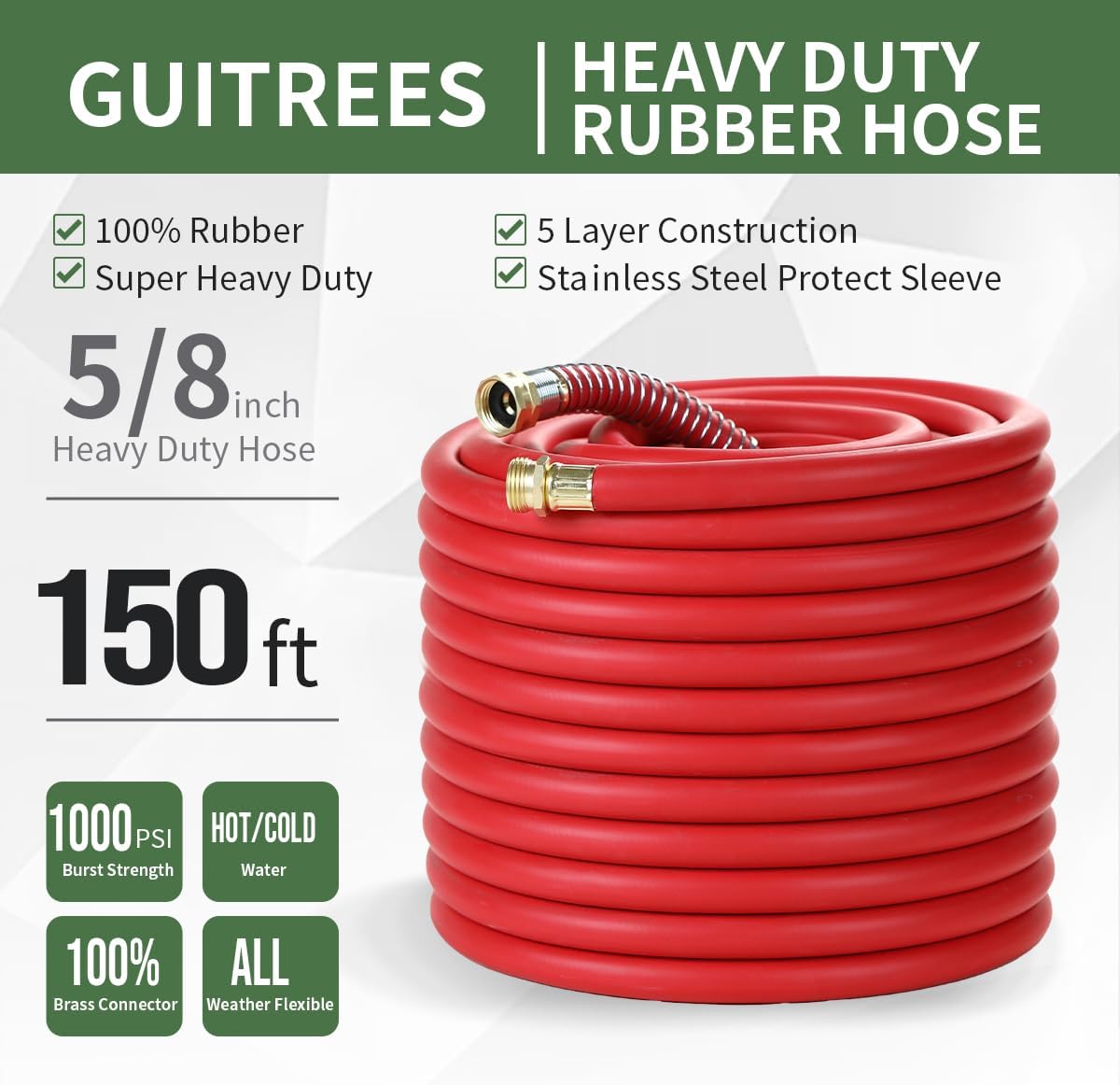 Guitrees Leader Garden Hose 10ft x 5/8", Heavy Duty Short Water Hose, Female to Female Fittings, Five Layered Braiding for Durability, 1000PSI Burst, 300PSI Working (Black) - Colors A