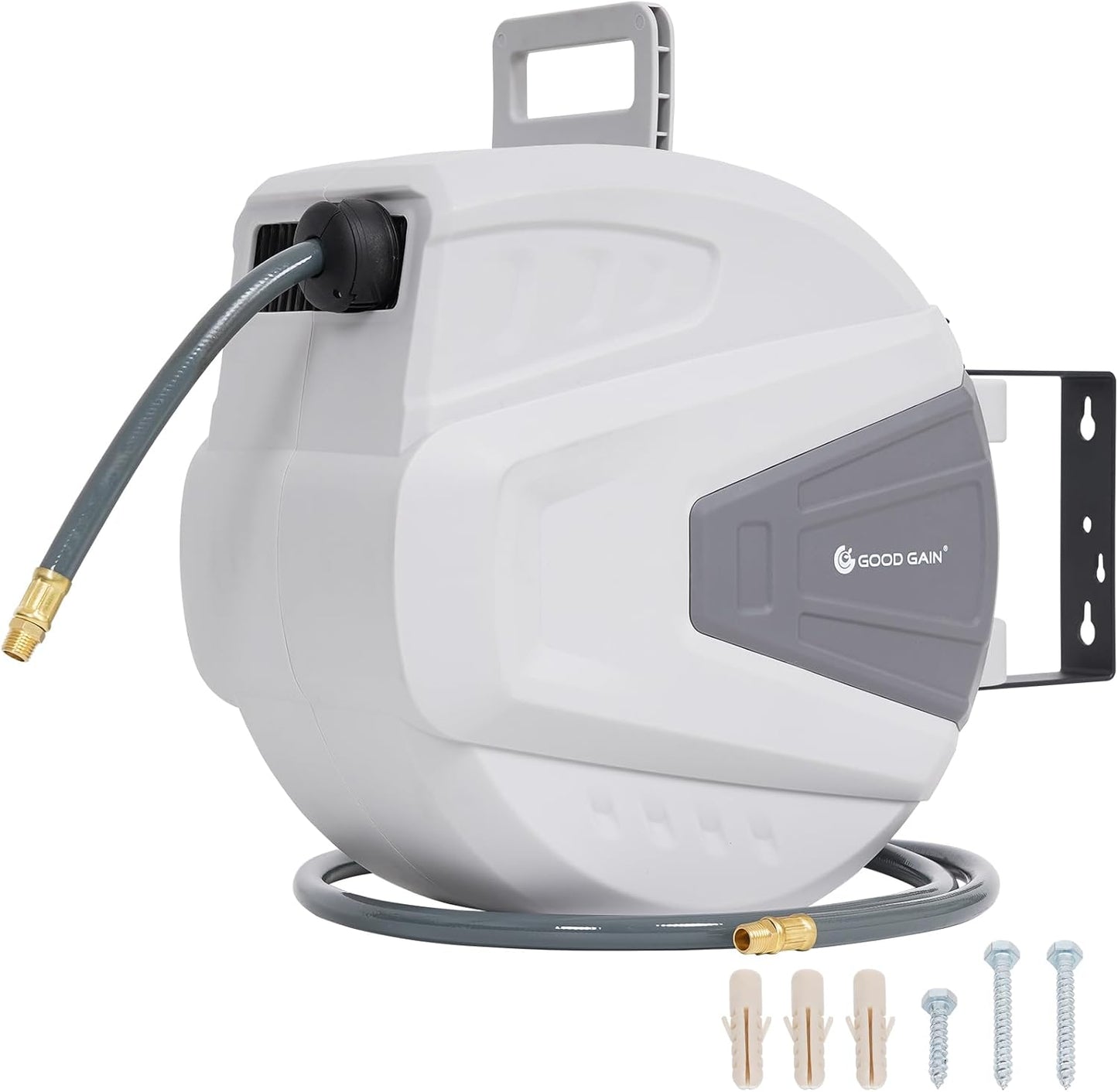Air Hose Reel Retractable 3/8 in. x 50 ft Hybrid Polymer Hose, Retractable Auto-Rewind Enclosed Heavy Duty 180° Swivel Mount, Max 300PSI Commerical Polypropylene Grey
