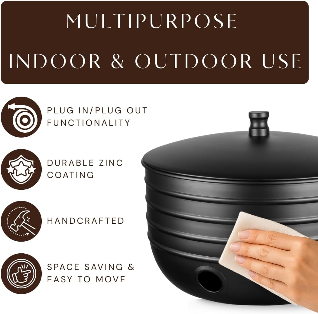 Monarch Abode Garden Hose Holder with Lid – Decorative Water Hose Holders for Outside, Border Embossed Metal Patina Pot with Drainage, 100ft Waterhose Holder for Outside, Garden Storage Caddy