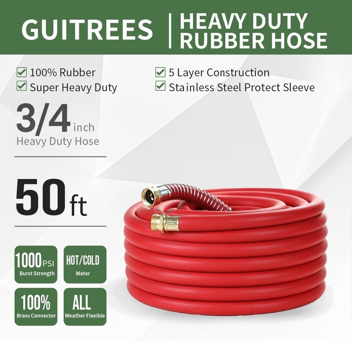 Guitrees Leader Garden Hose 10ft x 5/8", Heavy Duty Short Water Hose, Female to Female Fittings, Five Layered Braiding for Durability, 1000PSI Burst, 300PSI Working (Black) - Colors B