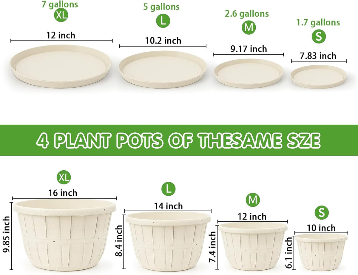 Quarut 14 Inch Plastic-Flower-Pot-for-Indoor-Plants, 4 Pack Large Outdoor Planter Pot with Drainage Holes & Saucers, Resin Decorative Garden Pots Planters（Brown）