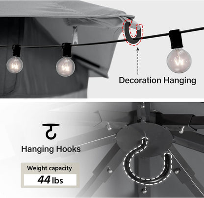 10x20 Gazebo Canopy with 100FT String Lights, Metal Heavy Duty Patio Canopy Tent with Double Roofs, Mosquito Nettings and Privacy Screens for Backyard, Garden, Lawn, Gray