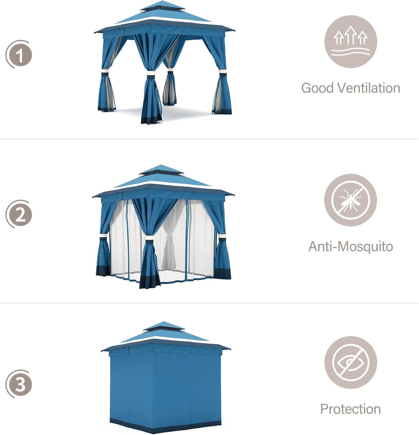 10x20 Gazebo Canopy with 100FT String Lights, Metal Heavy Duty Patio Canopy Tent with Double Roofs, Mosquito Nettings and Privacy Screens for Backyard, Garden, Lawn, Gray