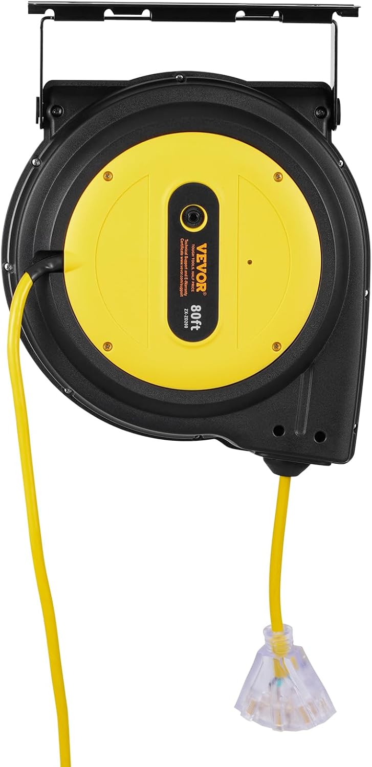65FT Retractable Extension Cord Reel, Heavy Duty 12AWG/3C SJTOW Cord