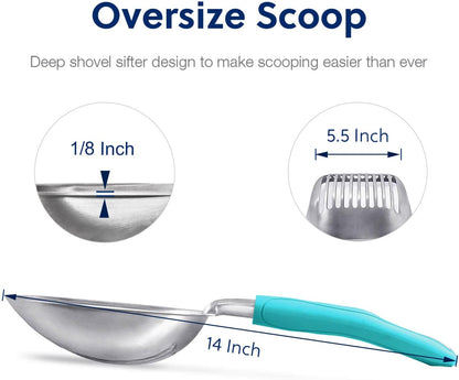 Cat Litter Scoop, Aluminum Alloy Sifter, Kitty Metal Scooper, Deep Shovel, Long Handle, Poop Sifting, Kitten Pooper Lifter, Durable, Heavy Duty, for Litter Box