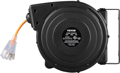 65FT Retractable Extension Cord Reel, Heavy Duty 12AWG/3C SJTOW Cord