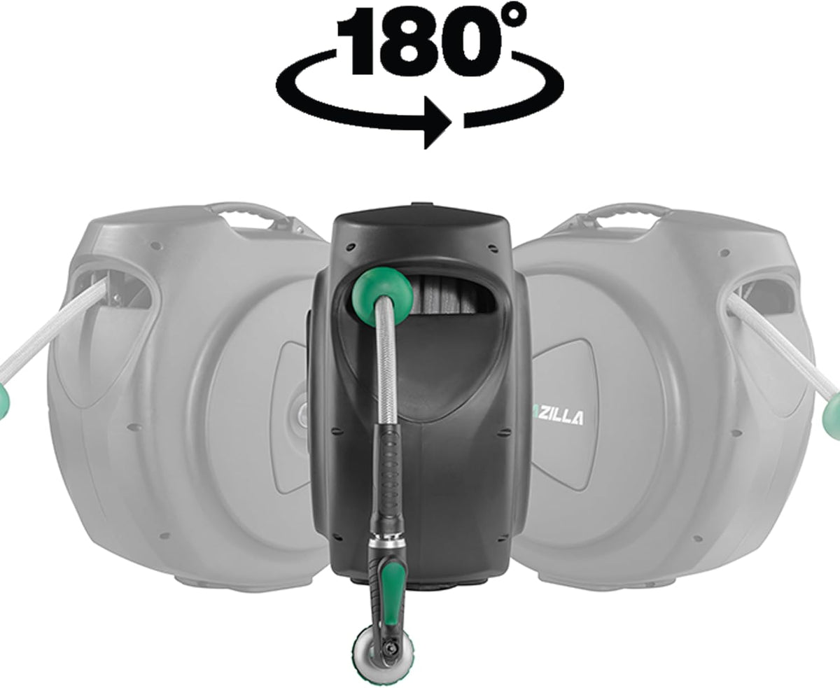 Retractable Garden Hose Reel, 120Ft x 1/2" Durable Wall Mounted Water Hose Reel with 180¡ãSwivel Bracket, 9 Pattern Sprayer, 6Ft leader hose, Smooth Automatic Rewind, Any Length Lock.