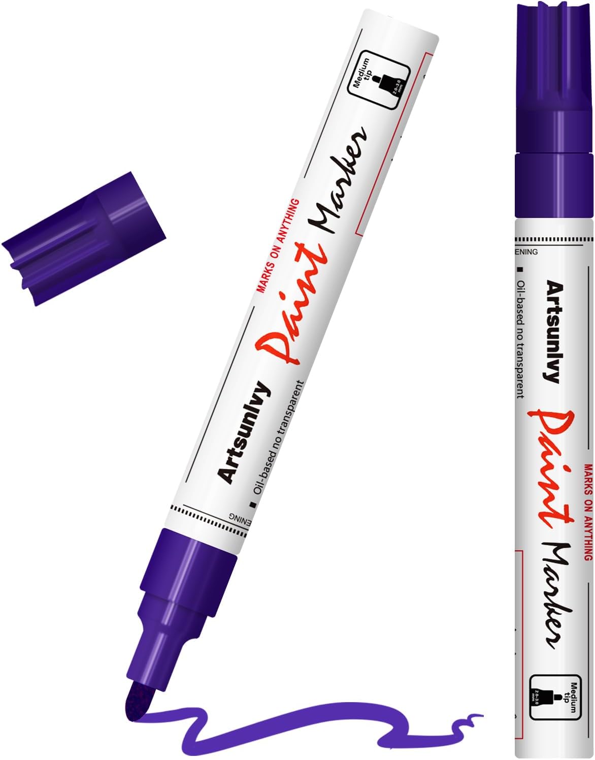 Artsunlvy White Paint Pens marking pens Permanent Markers - 2 Pack Oil Based Waterproof Markers for Tire, Rubber,Wood, Rocks, Metal, Canvas,Plastic, Dark Surface,Craft office Supplies,Medium Point