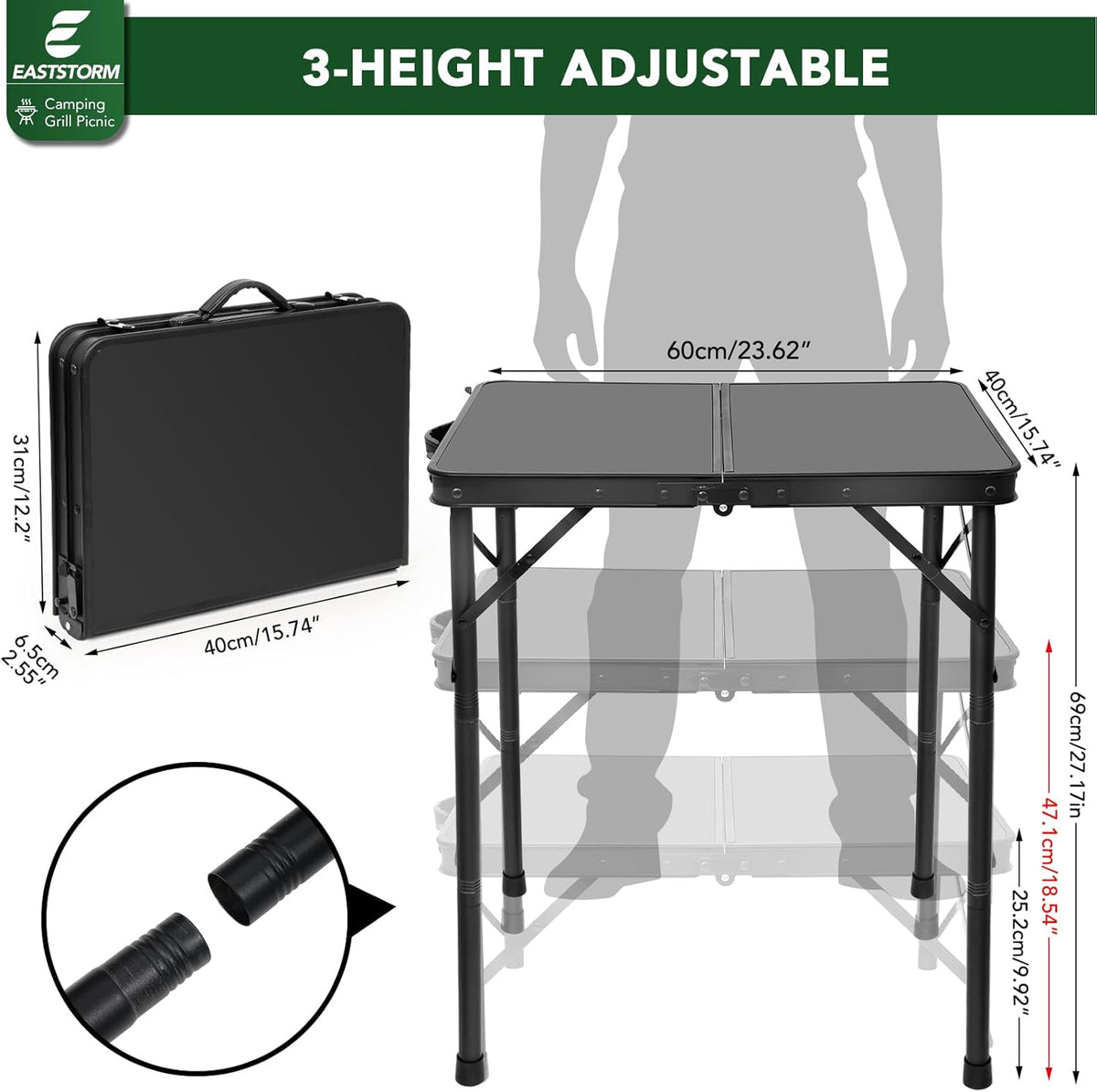 2Ft Small Folding Table with Carry Handle, Camping Table Adjustable Height 10.6–22 in, Black Metal Mesh, Portable & Compact for Outdoor/Indoor,Grill Table, 23.6×15.8 in, 4 lb, 66 lb Capacity