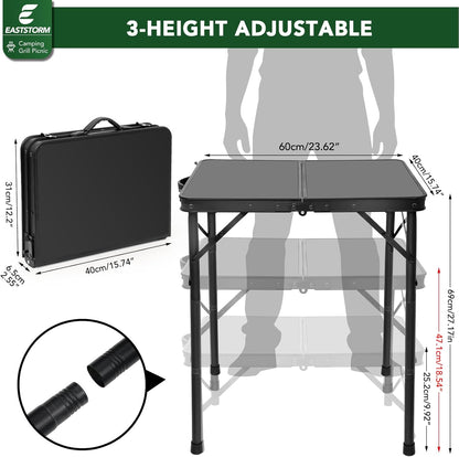 2Ft Small Folding Table with Carry Handle, Camping Table Adjustable Height 10.6–22 in, Black Metal Mesh, Portable & Compact for Outdoor/Indoor,Grill Table, 23.6×15.8 in, 4 lb, 66 lb Capacity