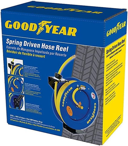 Goodyear Air Hose Reel Retractable 3/8" Inch x 50' Foot SBR Rubber Hose Max 300PSI Heavy Duty Industrial Steel Single Arm Construction