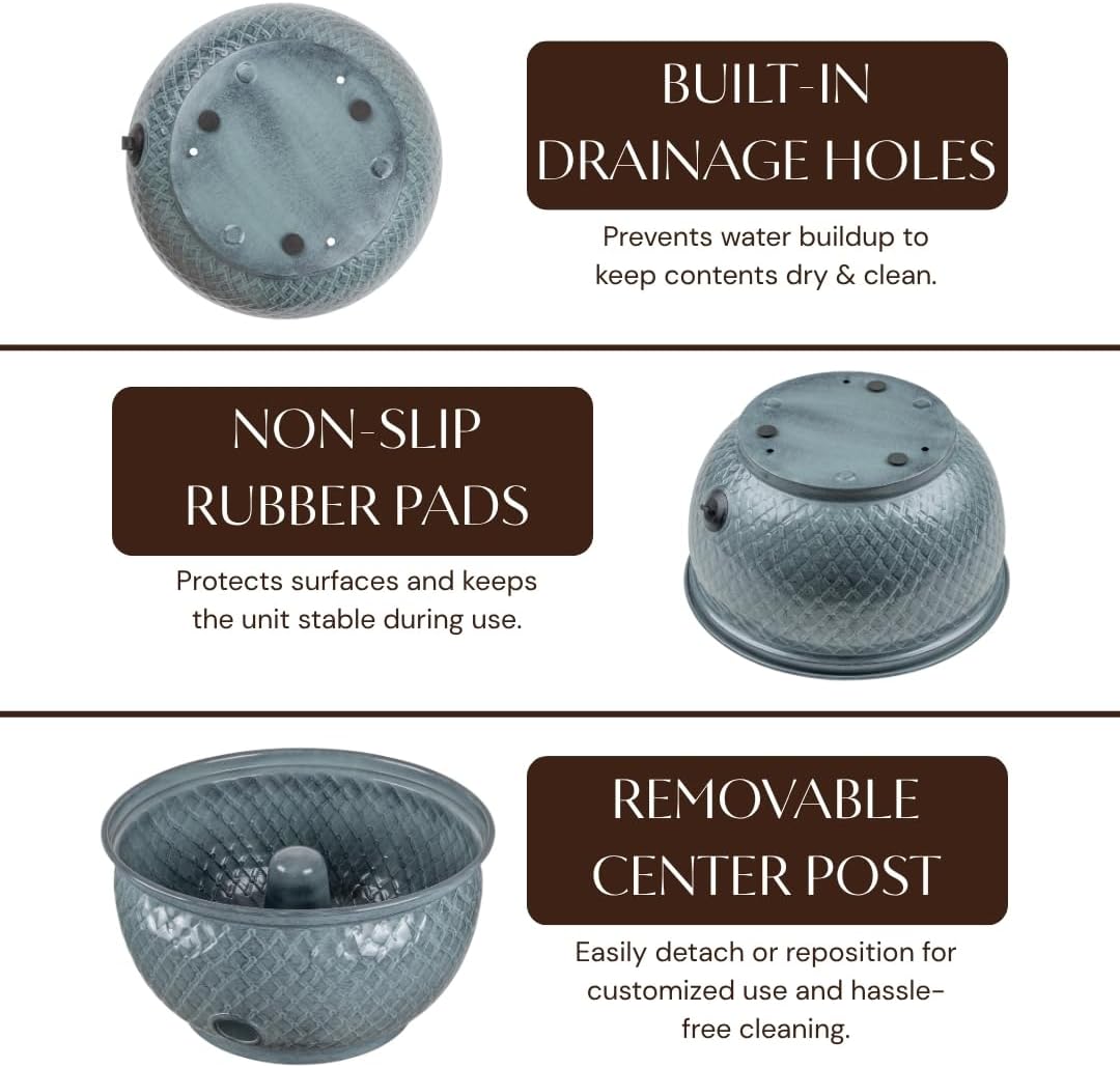 Monarch Abode Garden Hose Holder with Lid – Decorative Water Hose Holders for Outside, Diamond Embossed Metal Patina Pot with Drainage, 100ft Waterhose Holder for Outside, Garden Storage Caddy