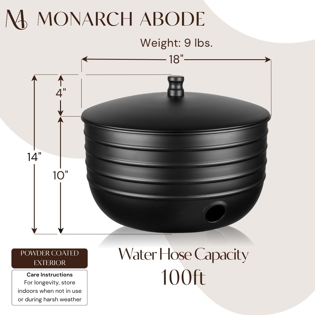 Monarch Abode Garden Hose Holder with Lid – Decorative Water Hose Holders for Outside, Border Embossed Metal Patina Pot with Drainage, 100ft Waterhose Holder for Outside, Garden Storage Caddy
