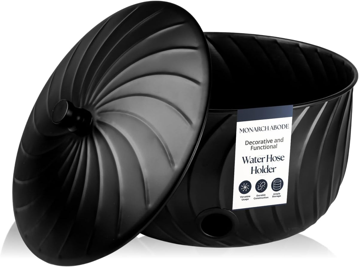 Monarch Abode Garden Hose Holder with Lid – Decorative Water Hose Holders for Outside, Wave Embossed Metal Matte Black Pot with Drainage, 100ft Waterhose Holder for Outside, Garden Storage Caddy