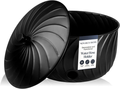 Monarch Abode Garden Hose Holder with Lid – Decorative Water Hose Holders for Outside, Wave Embossed Metal Matte Black Pot with Drainage, 100ft Waterhose Holder for Outside, Garden Storage Caddy