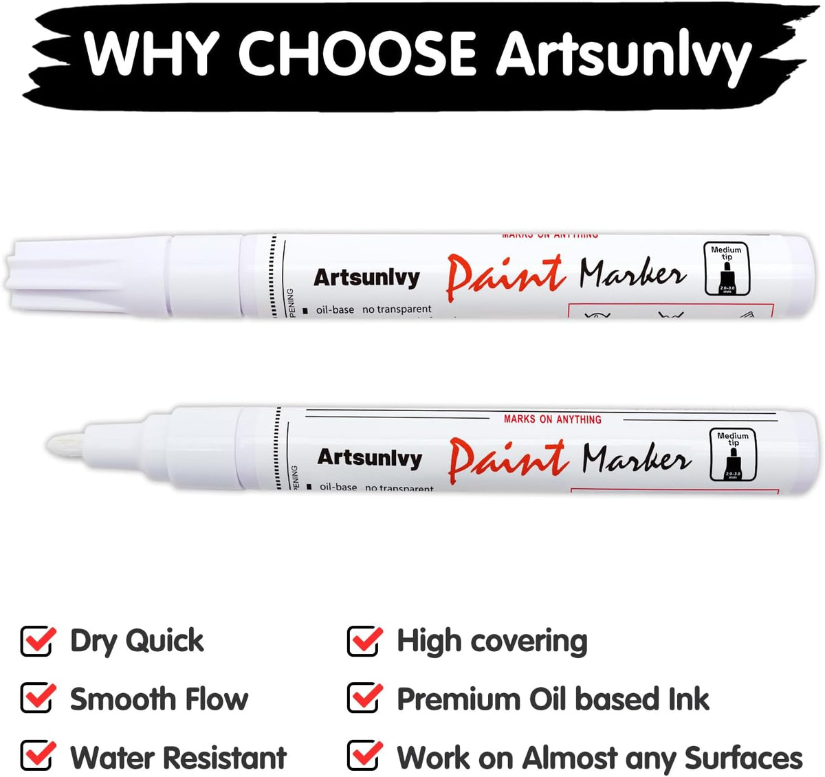 Artsunlvy White Paint Pens marking pens Permanent Markers - 2 Pack Oil Based Waterproof Markers for Tire, Rubber,Wood, Rocks, Metal, Canvas,Plastic, Dark Surface,Craft office Supplies,Medium Point