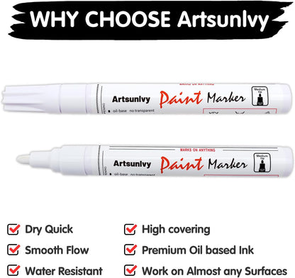 Artsunlvy White Paint Pens marking pens Permanent Markers - 2 Pack Oil Based Waterproof Markers for Tire, Rubber,Wood, Rocks, Metal, Canvas,Plastic, Dark Surface,Craft office Supplies,Medium Point