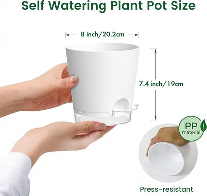 Meowell Self Watering Pots Pack of 6 – Different Size 4" to 7" Indoor Plant Pots with Drainage Holes and Clear Reservoir for Visible Water Level, Plastic Wicking Planters for House Plants, White