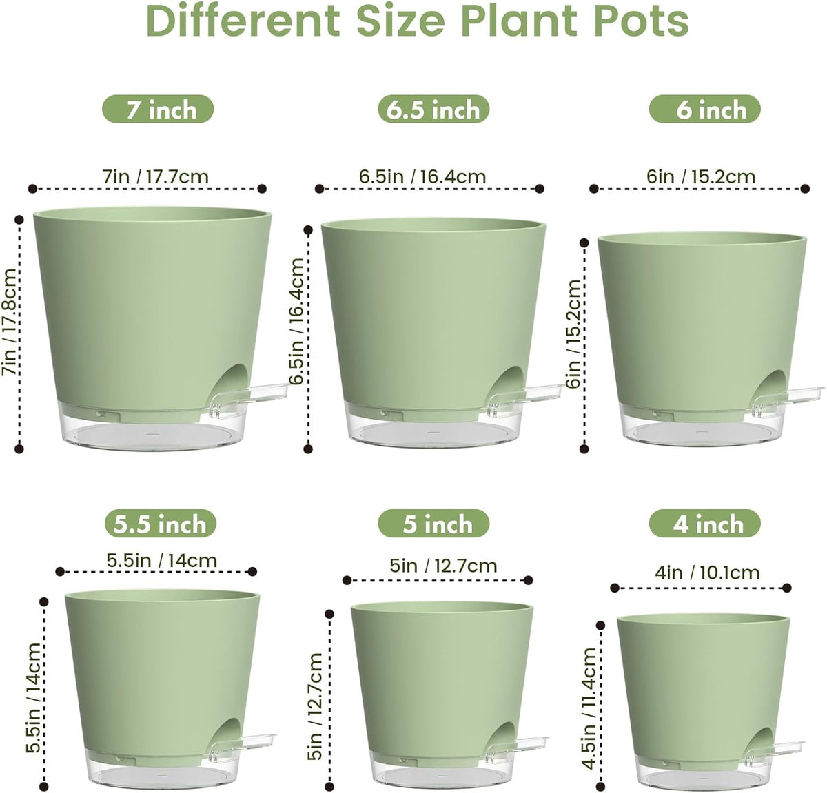 Meowell Self Watering Pots Pack of 6 – Different Size 4" to 7" Indoor Plant Pots with Drainage Holes and Clear Reservoir for Visible Water Level, Plastic Wicking Planters for House Plants, White