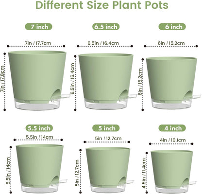Meowell Self Watering Pots Pack of 6 – Different Size 4" to 7" Indoor Plant Pots with Drainage Holes and Clear Reservoir for Visible Water Level, Plastic Wicking Planters for House Plants, White