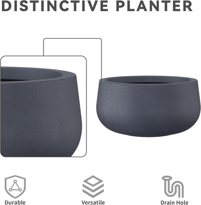 Kante 15.7" Dia Round Concrete Planter, Outdoor Indoor Garden Plant Pots with Drainage Hole and Rubber Plug, Modern Curvaceous Design, Slate Gray