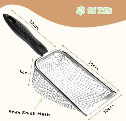 Cat Litter Scoop - Long Handle Scooper, Rustproof Stainless Steel Mesh, Non-Slip Grip, Deep Shovel Sifter for All Litter Types, Easy Clean Kitty Waste Litter for Litter Box(Black)