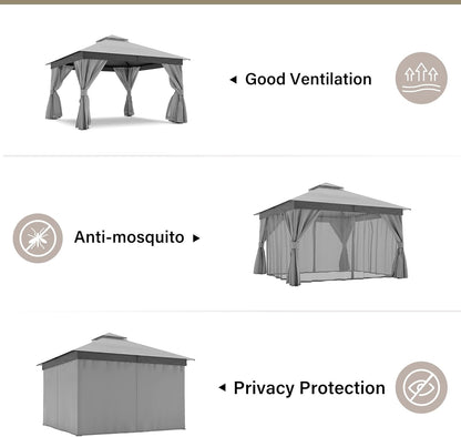10x20 Gazebo Canopy with 100FT String Lights, Metal Heavy Duty Patio Canopy Tent with Double Roofs, Mosquito Nettings and Privacy Screens for Backyard, Garden, Lawn, Gray