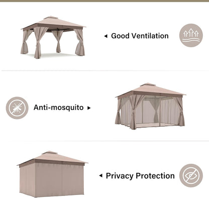 10x20 Gazebo Canopy with 100FT String Lights, Metal Heavy Duty Patio Canopy Tent with Double Roofs, Mosquito Nettings and Privacy Screens for Backyard, Garden, Lawn, Gray