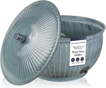 Monarch Abode Garden Hose Holder with Lid – Decorative Water Hose Holders for Outside, Arch Embossed Metal Patina Pot with Drainage, 100ft Waterhose Holder for Outside, Garden Storage Caddy