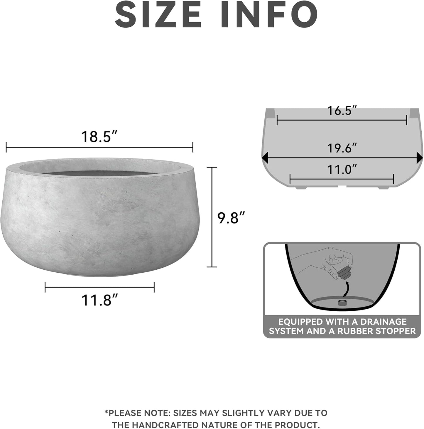 Kante 15.7" Dia Round Concrete Planter, Outdoor Indoor Garden Plant Pots with Drainage Hole and Rubber Plug, Modern Curvaceous Design, Slate Gray