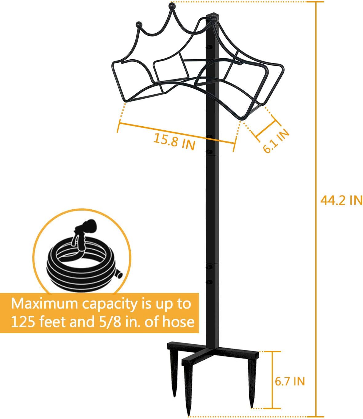 Garbuildman Garden Hose Holder with 3 Spikes, Freestanding Metal Hose Stand for Outdoor Garden, Detachable Hose Storage Rack for Lawn & Yard, Volcano Black