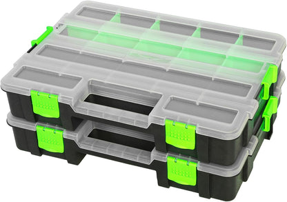 Jack Boss Tool Box with Transparent Lid, Double Side 34-Compartments Organizer Box with Removable Dividers for Hardware, Screws, Bolts, Nails, Beads, Jewelry and Fishing Accessories, Orange, 2 Pack
