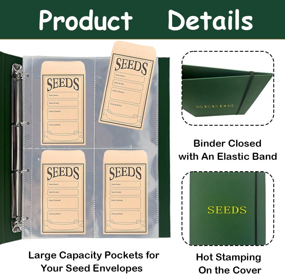 Seed Storage Organizer Binder, 3 Ring Seed Packet Organizer with 100 Pockets(25 Pack Clear Sheet Protectors), Garden Seed Holder Book for Envelopes, Seed Saving Keeper, Green