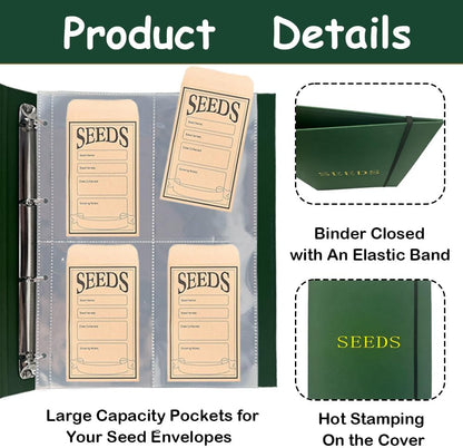 Seed Storage Organizer Binder, 3 Ring Seed Packet Organizer with 100 Pockets(25 Pack Clear Sheet Protectors), Garden Seed Holder Book for Envelopes, Seed Saving Keeper, Green