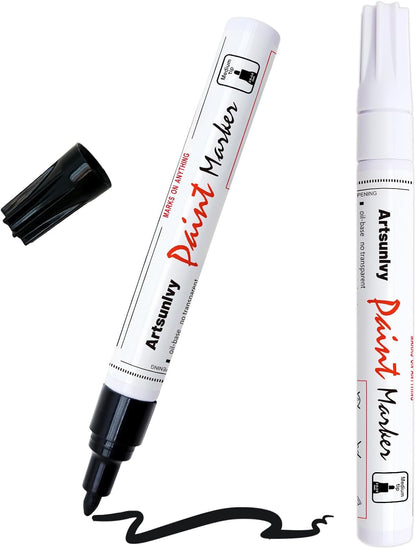 Artsunlvy White Paint Pens marking pens Permanent Markers - 2 Pack Oil Based Waterproof Markers for Tire, Rubber,Wood, Rocks, Metal, Canvas,Plastic, Dark Surface,Craft office Supplies,Medium Point