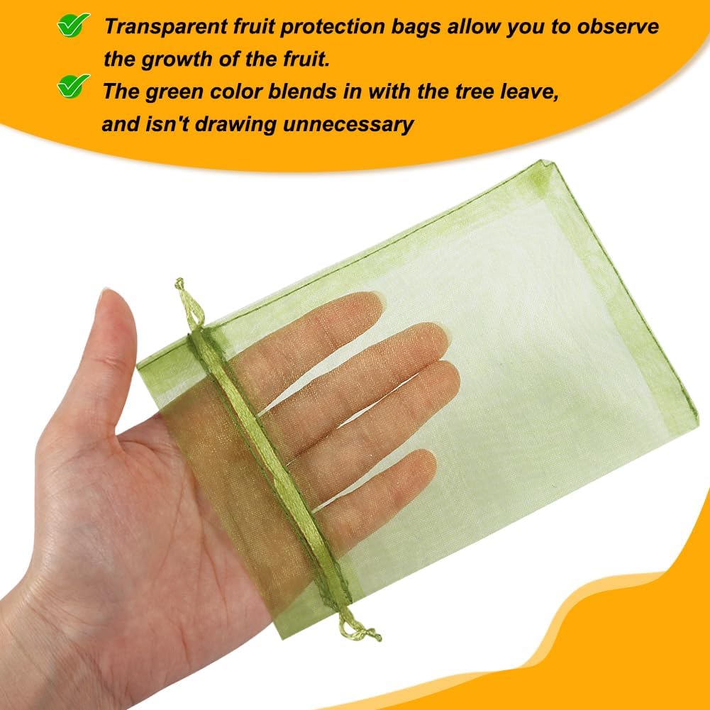 Shintop 100Pcs Fruit Protection Bags, 4x6 Inch Green Strawberry Netting Cover Drawstring Mesh Bags Pest Barrier for Blueberry Small Fruit
