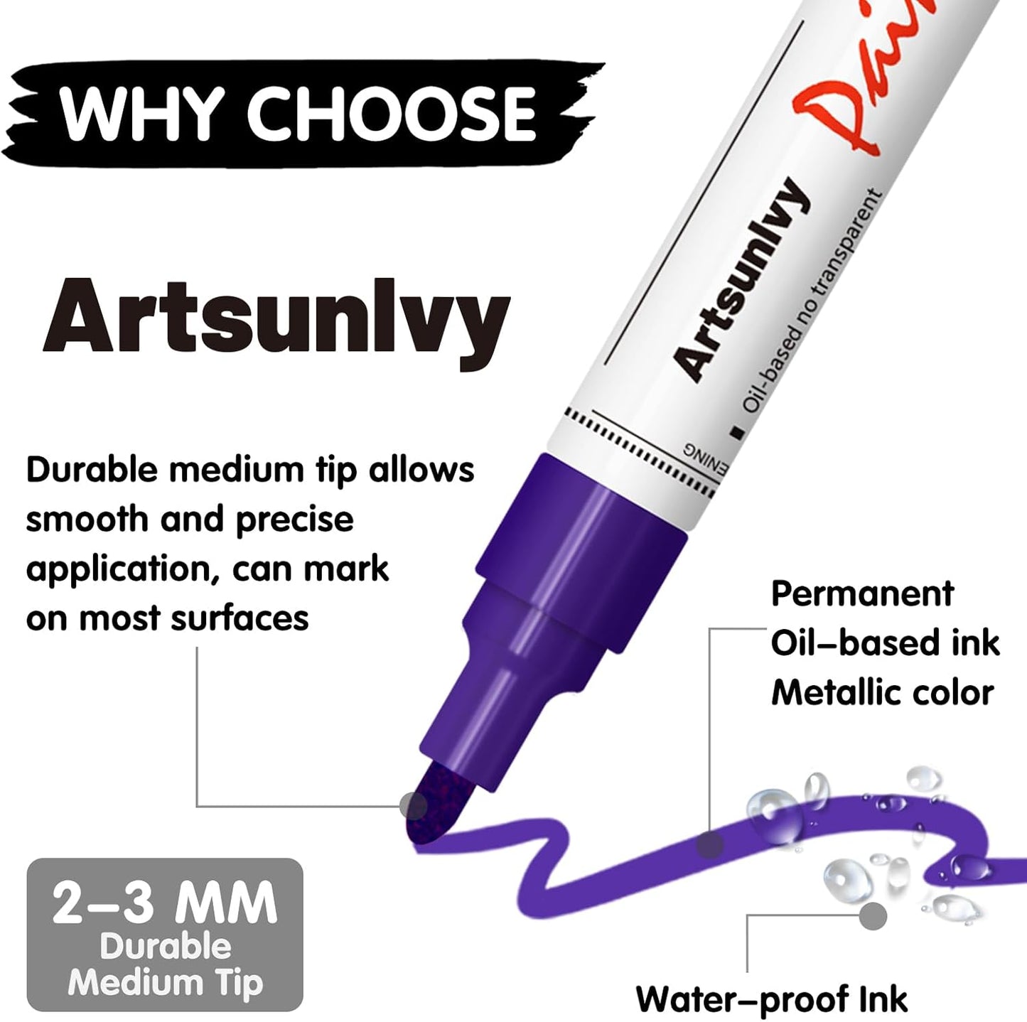 Artsunlvy White Paint Pens marking pens Permanent Markers - 2 Pack Oil Based Waterproof Markers for Tire, Rubber,Wood, Rocks, Metal, Canvas,Plastic, Dark Surface,Craft office Supplies,Medium Point