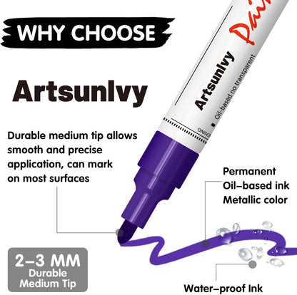 Artsunlvy White Paint Pens marking pens Permanent Markers - 2 Pack Oil Based Waterproof Markers for Tire, Rubber,Wood, Rocks, Metal, Canvas,Plastic, Dark Surface,Craft office Supplies,Medium Point